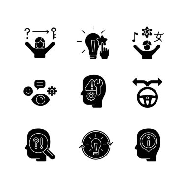 Kişisel gelişim yetenekleri beyaz uzaya dizilmiş siyah sembol simgeleri. Kendini izleme ve düzeltme. Kritik düşünme becerileri ve yetenekleri. Siluet sembolleri. Vektör izole illüstrasyonu