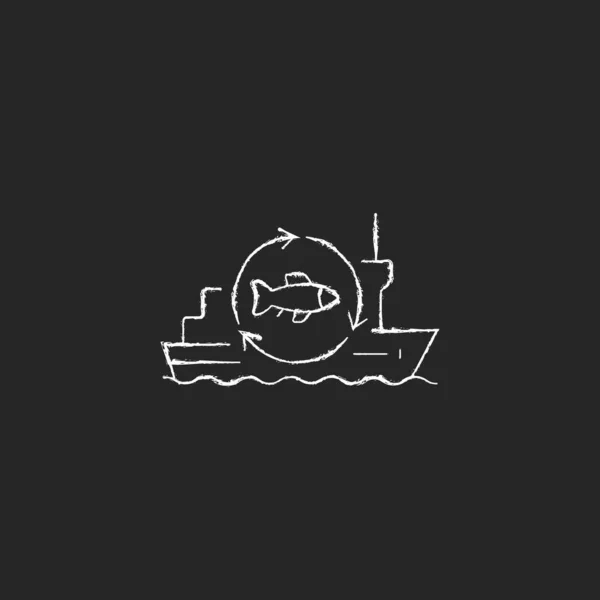 Fischverarbeitungsgefäß Kreideweißes Symbol Auf Dunklem Hintergrund Großes Fabrikschiff Ausgerüstete Fischtrawler — Stockvektor