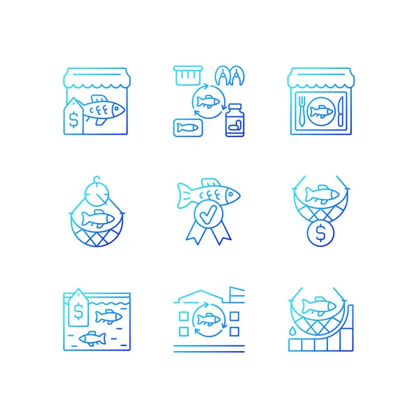 Ticari balıkçılık gradyan doğrusal vektör simgeleri ayarlandı. Deniz ürünleri lokantası ve market. İşlem fabrikası. Balık endüstrisi. İnce çizgili sembol demetleri. İzole edilmiş taslak illüstrasyon koleksiyonu