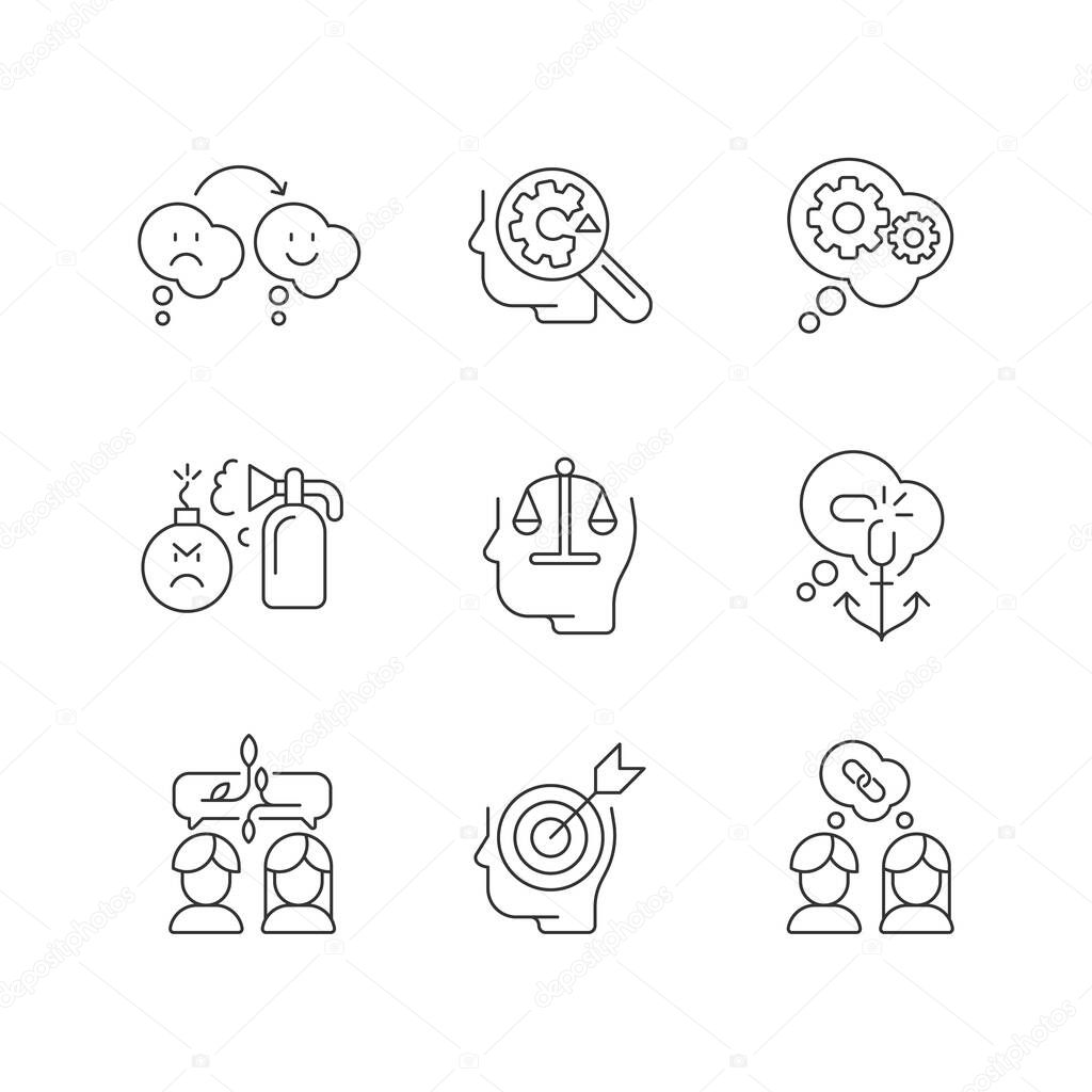 Critical mindset and attitude linear icons set. Rationality, critical thinking. Emotional intelligence. Customizable thin line contour symbols. Isolated vector outline illustrations. Editable stroke