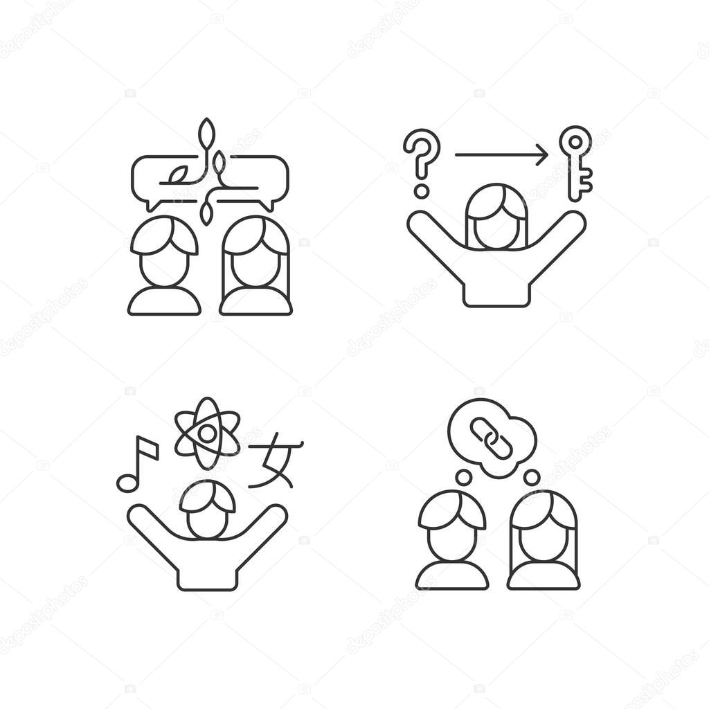 Communication skills linear icons set. Problem solving skills. Inquisitiveness. Understand and accept. Customizable thin line contour symbols. Isolated vector outline illustrations. Editable stroke