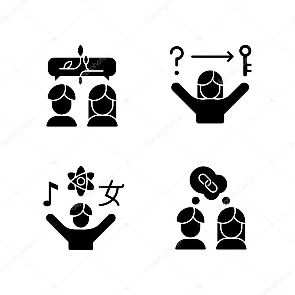 Communication skills black glyph icons set on white space. Problem solving skills. Inquisitiveness. Understand and accept. Critical thinking. Silhouette symbols. Vector isolated illustration