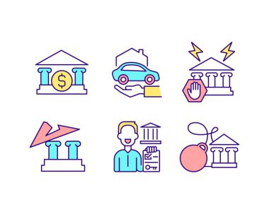 Çeşitli bankacılık hizmetleri RGB renk simgeleri ayarlandı. Hayat, araç, gayrimenkul, sağlık sigortası. Finansal yönetim. İzole vektör çizimleri. Basit çizgi çizimleri koleksiyonu