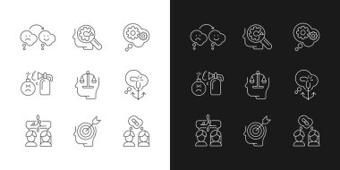 Kritik zihniyet ve davranış çizgisel simgeler karanlık ve aydınlık moduna ayarlandı. Mantık ve eleştirel düşünce. Özelleştirilebilir ince çizgi sembolleri. İzole vektör çizimi çizimleri. Düzenlenebilir vuruş