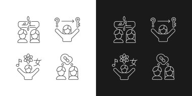 İletişim becerileri doğrusal simgeleri karanlık ve aydınlık moduna ayarlandı. Problem çözme becerileri. Kritik düşünce. Özelleştirilebilir ince çizgi sembolleri. İzole vektör çizimi çizimleri. Düzenlenebilir vuruş