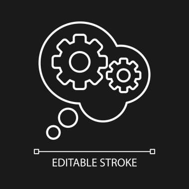 Koyu tema için beyaz doğrusal simge sorgulanıyor. Sonuçlara varın. Tümdengelimli ve tümevarım. İnce çizgi özelleştirilebilir illüstrasyon. Gece modu için izole vektör kontur sembolü. Düzenlenebilir vuruş