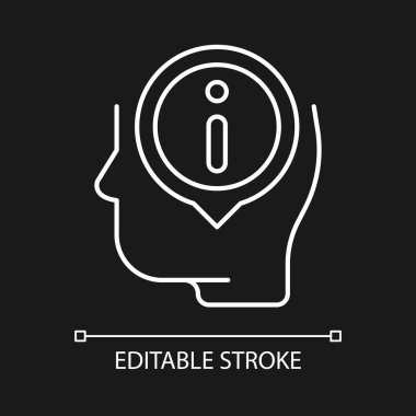 Karanlık tema için iyi bilgilendirilmiş beyaz doğrusal simge olarak kalıyor. Kapsamlı bilgi ve gerçeklere ulaş. İnce çizgi özelleştirilebilir illüstrasyon. Gece modu için izole vektör kontur sembolü. Düzenlenebilir vuruş