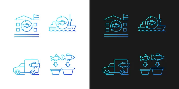 Conjunto Iconos Gradiente Procesamiento Transporte Pescado Para Modo Oscuro Ligero — Vector de stock