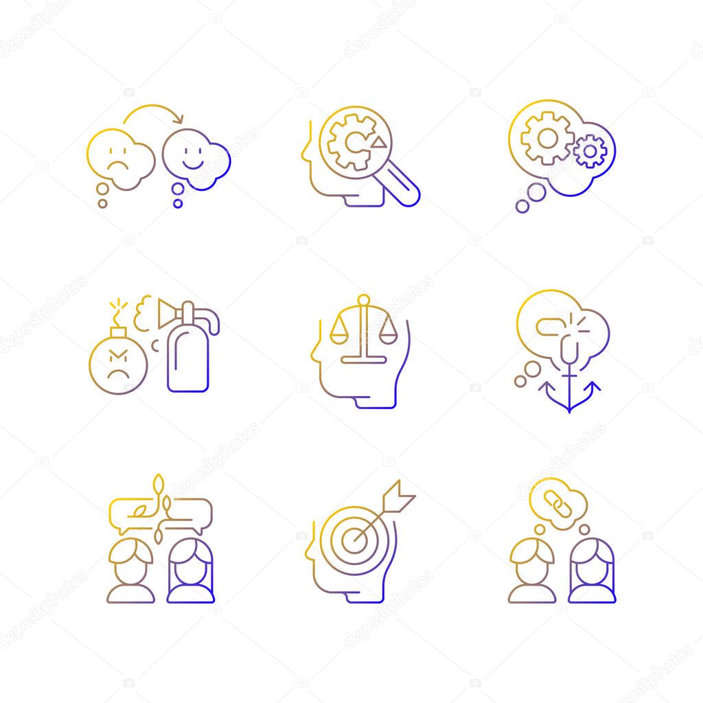 Critical mindset and attitude linear vector icons set. Rational thinking. Emotional intelligence. Understand weak areas. Thin line contour symbols bundle. Isolated outline illustrations collection