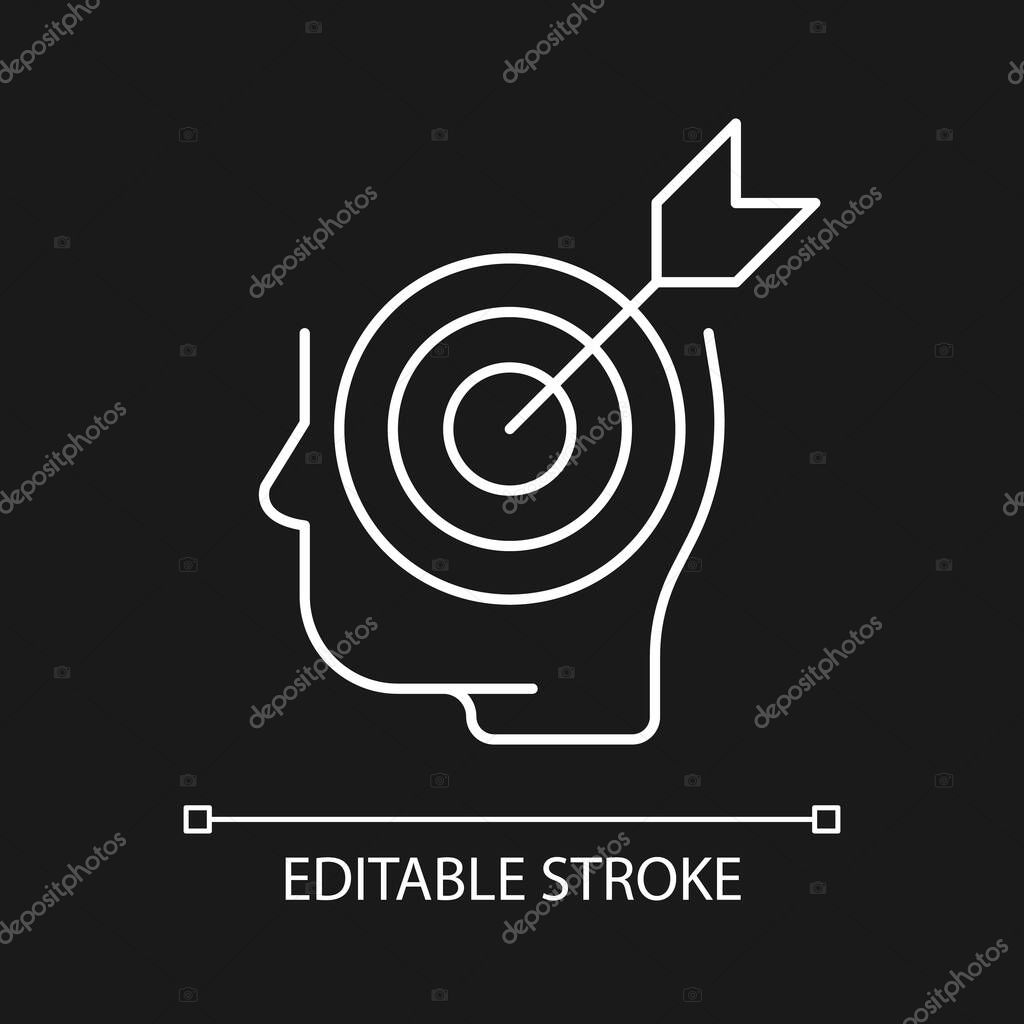 Precise knowledge white linear icon for dark theme. Strictly correct information, facts. Thin line customizable illustration. Isolated vector contour symbol for night mode. Editable stroke