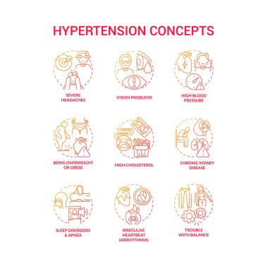 Yüksek tansiyon konsept simgeleri ayarlandı. Yüksek tansiyon fikri ince çizgi renk çizimleri. Kronik böbrek hastalığı. Uyku bozuklukları. Yüksek kolesterol. Vektör izole çizimleri
