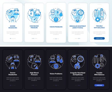 Seyyar uygulama sayfasında yüksek tansiyon belirtileri var. Dengesiz denge, kavramlarla birlikte 5 adımlık grafik talimatı. UI, UX, GUI vektör şablonu doğrusal gece ve gündüz kip çizimleri