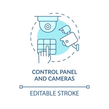 Kontrol paneli ve kameralar mavi konsept simgesi. Ev, soyut fikri ince çizgi çizimini koruyor. Ev koruma sistemi. Uzaktan kumandalı ve bağlı. Vektör izole edilmiş dış hat renk çizimi. Düzenlenebilir vuruş