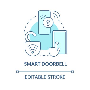 Akıllı kapı zili mavi konsept ikonu. Dijital video ve halka aracı soyut fikir ince çizgi illüstrasyonu. Akıllı ev. Nesnelerin interneti. Vektör izole edilmiş renk çizimi. Düzenlenebilir vuruş
