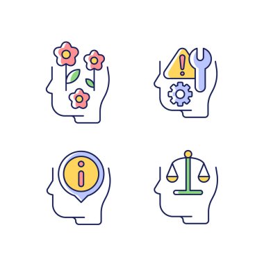 Rasyonel ve duygusal RGB renk simgeleri seti. Pozitif tavır. Mantık. Duygusal zeka. Kendini düzeltme. İzole vektör çizimleri. Basit çizgi çizimleri koleksiyonu
