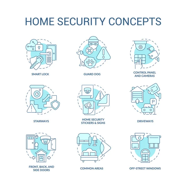 Sistema Iconos Concepto Azul Seguridad Para Hogar Idea Casa Inteligente — Vector de stock