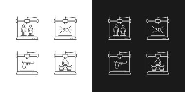 Karanlık ve aydınlık mod için 3D model doğrusal simgeler oluşturun. Robot katkı maddesi üretimi. Silah imalatı. Özelleştirilebilir ince çizgi sembolleri. İzole vektör çizimi çizimleri. Düzenlenebilir vuruş