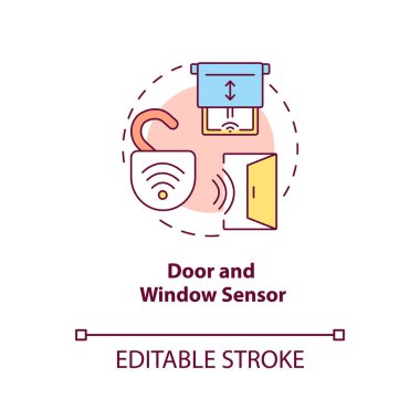Kapı ve pencere sensör konsepti simgesi. Sensör güvenlik sistemi fikri soyut ince çizgi çizimi. Kapı açılıp kapanırsa monitörler. Vektör izole edilmiş dış hat renk çizimi. Düzenlenebilir vuruş
