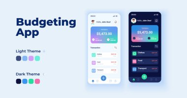 Bütçe uygulaması çizgi film akıllı telefon arayüz vektör şablonları ayarlanıyor. Mobil uygulama ekran günü ve karanlık mod tasarımı. Başvuru için UI finansmanı yönetiyorum. Düz karakterli telefon görüntüsü