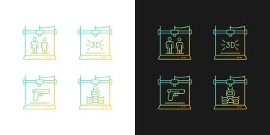 Karanlık ve aydınlık mod için 3D model gradyan simgeleri oluşturun. Üç boyutlu madde üretimi. İnce çizgili sembol demetleri. Siyah ve beyaz üzerine izole vektör ana hatları koleksiyonu