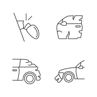 Otomatik hasar doğrusal simgeleri ayarlandı. Kırık ayna. Aracın dış tarafında çizikler var. Arka taraftaki çarpışma. Özelleştirilebilir ince çizgi şekilleri. İzole vektör çizimi çizimleri. Düzenlenebilir vuruş