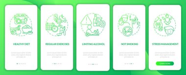 Mobil uygulama sayfasında yüksek kan basıncını önle. Alkol kullanımını sınırlandırmak. Kavramlarla birlikte 5 adımlık grafik talimatlar. UI, UX, doğrusal renk çizimleri olan GUI vektör şablonu
