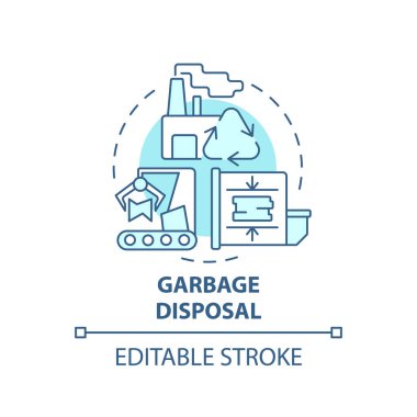 Çöp öğütücü mavi konsept simgesi. Atık yönetimi süreci soyut fikir ince çizgi çizimi. Atık geri dönüşüm tesisi. Çöp yeniden işleniyor. Vektör izole edilmiş dış hat renk çizimi. Düzenlenebilir vuruş