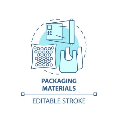 Paketleme malzemeleri mavi konsept simgesi. Atık yönetimi soyut fikir ince çizgi çizimi. Plastik paket geri dönüşümü. Malzemeleri yeniden paketleyin. Vektör izole edilmiş dış hat renk çizimi. Düzenlenebilir vuruş