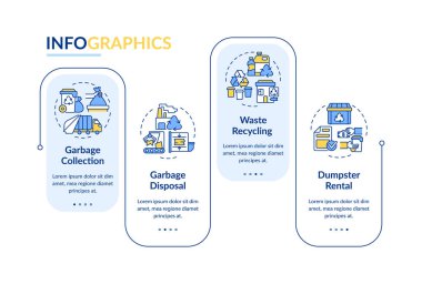 Saçma yönetim hizmeti vektör bilgi şablonu. Sunum tasarım elementleri. Veri görselleştirmesi 4 adımda. İşlem zaman çizelgesi bilgi şeması. Satır simgeleriyle çalışma akışı düzeni