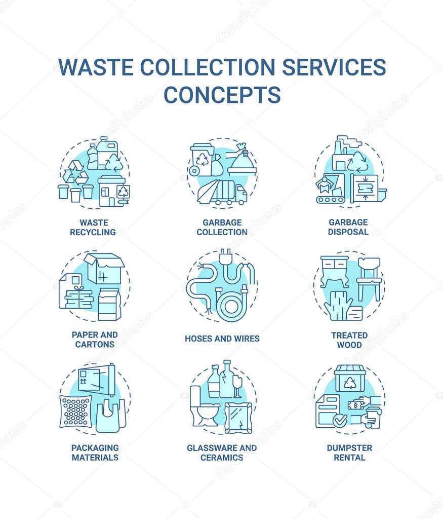 Waste collection services blue concept icons set. Recycling and disposal idea thin line color illustrations. Garbage collection. Trash types. Vector isolated outline drawings. Editable stroke