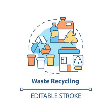 Atık geri dönüşüm konsepti simgesi. Çöp yönetimi soyut fikir ince çizgi çizimi. Yeniden işleme materyalleri. Plastik ve kağıt tekrar kullanılıyor. Vektör izole edilmiş dış hat renk çizimi. Düzenlenebilir vuruş