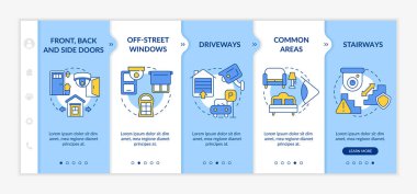 Kamera izleme sistemi vektör şablonunda. Simgeli ilgili mobil web sitesi. Web sayfasında 5 basamaklı ekranlar. Doğrusal illüstrasyonlarla kamera renk konsepti kuruluyor