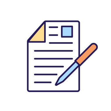 Belge imzalama RGB renk simgesi. Sertifika ve izin. Anlaşma ihlali durumunda para cezası ve ceza. Kontrat imzası. İzole vektör çizimi. Basit doldurulmuş çizgi çizimi