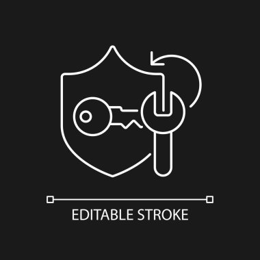 Koyu tema için beyaz doğrusal simge kırılıyor. Koruyucu koruma. Şifre yönetim araçları. İnce çizgi özelleştirilebilir illüstrasyon. Gece modu için izole vektör kontur sembolü. Düzenlenebilir vuruş