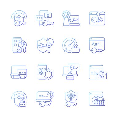 Parola yönetimi gradyan doğrusal vektör simgeleri ayarlandı. Akıllı telefon ve bilgisayar koruyucusu. Güvenlik sistemi. Çevrimiçi gizlilik. İnce çizgili sembol demetleri. İzole edilmiş taslak illüstrasyon koleksiyonu