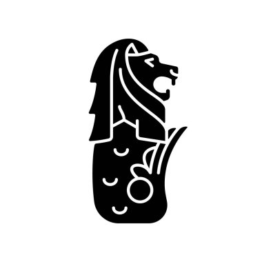 Merlion heykeli siyah simge simgesi. Yarı balık yarı aslan efsanevi yaratık. Popüler cazibe. Singapur 'un resmi sembolü. Beyaz uzayda siluet sembolü. Vektör izole illüstrasyonu