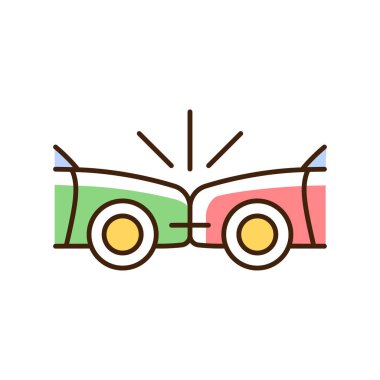 Head-on collision RGB color icon. Frontal crash. Two vehicles collide into one another. Auto accident. Cars driving in opposite directions. Isolated vector illustration. Simple filled line drawing clipart