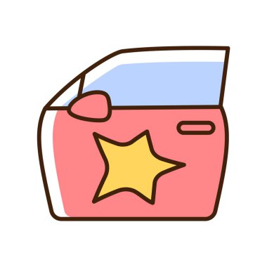 Araba tarafında Dent RGB renk simgesi. Araç çarpmış. Otomobilde küçük bir hasar. Yol kazası. Kapıyı tırmala. Otomatik gövde hasarı. Araba göçmüş. İzole vektör çizimi. Basit doldurulmuş çizgi çizimi