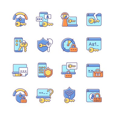 Parola yönetimi RGB renk simgeleri ayarlandı. Akıllı telefon ve bilgisayar koruyucusu. İnternet güvenliği. Güvenlik sistemi. Çevrimiçi gizlilik. İzole vektör çizimleri. Basit çizgi çizimleri koleksiyonu