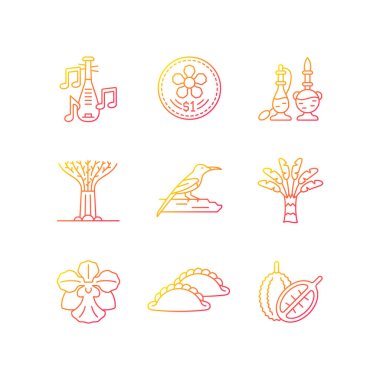 Singapur özdeşlik gradyan doğrusal vektör simgeleri ayarlandı. Yerli ağaçlar ve çiçekler. Singapur mutfağı. Halk müziği. İnce çizgili sembol demetleri. İzole edilmiş taslak illüstrasyon koleksiyonu