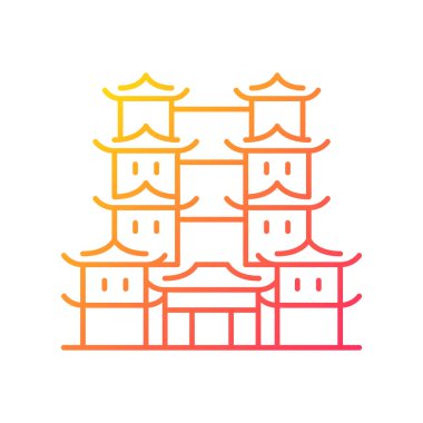 Diş kalıntısı tapınağı gradyan doğrusal vektör simgesi. Budistler için ruhani bir merkez. Güney Çin mimarisi. İnce çizgi renk sembolü. Modern tarz pictogram. Vektör izole çizimi