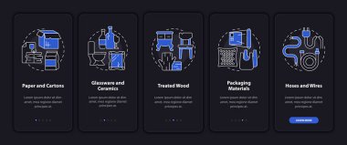 Kabul edilen atık tipleri mobil uygulama sayfa ekranında koyu renkte. Konseptlerle birlikte 5 aşamalı grafik talimatların geri dönüşümü. UI, UX, doğrusal gece kipi çizimleri ile GUI vektör şablonu