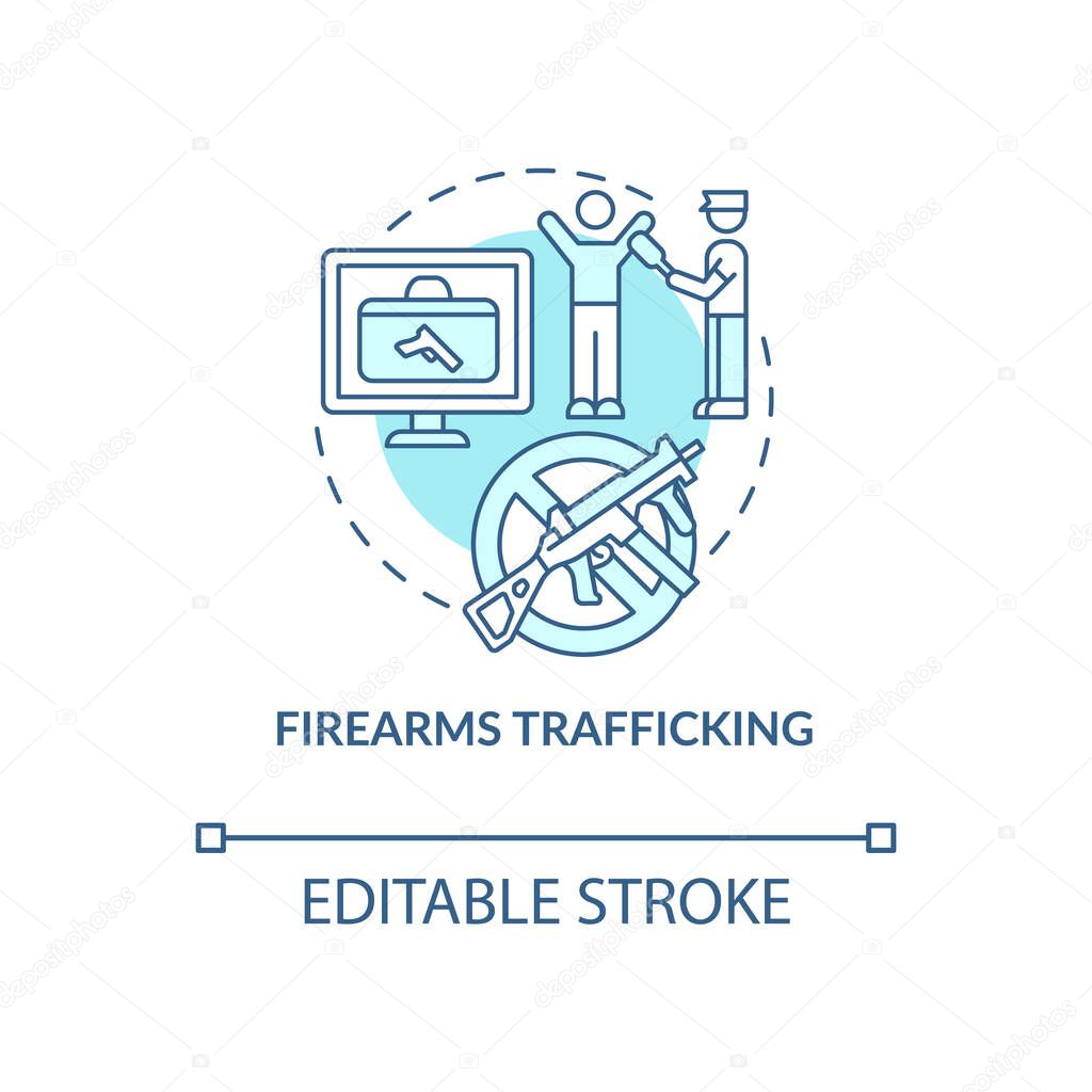 Firearms trafficking blue concept icon. Security guard searching for weapons. Arrest smuggler. Deportation abstract idea thin line illustration. Vector isolated outline color drawing. Editable stroke