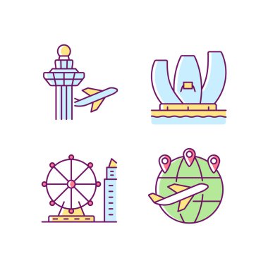 Singapur 'daki turist çekimleri RGB renk simgeleri seti. Changi havaalanı. Sanat müzesi. Gözlem çarkı. Hava trafik kontrolü. İzole vektör çizimleri. Basit çizgi çizimleri koleksiyonu