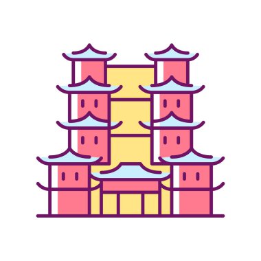 Diş kalıntısı tapınağı RGB renk simgesi. Budistler için ruhani bir merkez. Güney Çin mimarisi. Tarihi müze. Budist kültür kompleksi. İzole vektör çizimi. Basit doldurulmuş çizgi çizimi