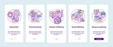 Sınır dışı edilme nedenleri mobil uygulama sayfası ekranında. Yasalar, kavramlarla birlikte 5 adımda grafik talimatlar verir. UI, UX, doğrusal renk çizimleri olan GUI vektör şablonu