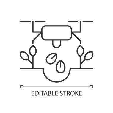 Doğrusal simge yerleştirmek için dronlar. Devrimci tarım. Yenilikçi ekme metodu. İnce çizgi özelleştirilebilir illüstrasyon. Contour sembolü. Vektör izole çizim. Düzenlenebilir vuruş