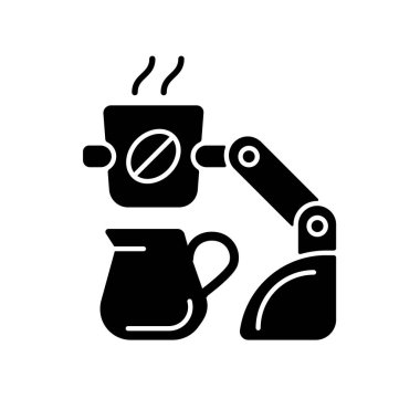Kahve, robotun simgesini siyah yapıyor. Robot barista. Otomatik içecekler demleniyor. Kendi kendine yeten bir büfe. Salgın sırasında hizmet veriyor. Beyaz uzayda siluet sembolü. Vektör izole illüstrasyonu
