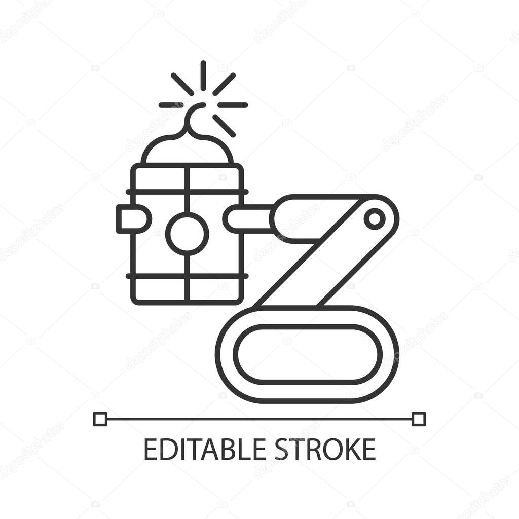 Bomb defusing robots linear icon. Control from safe distance. Explosive ordnance remote disposal. Thin line customizable illustration. Contour symbol. Vector isolated outline drawing. Editable stroke