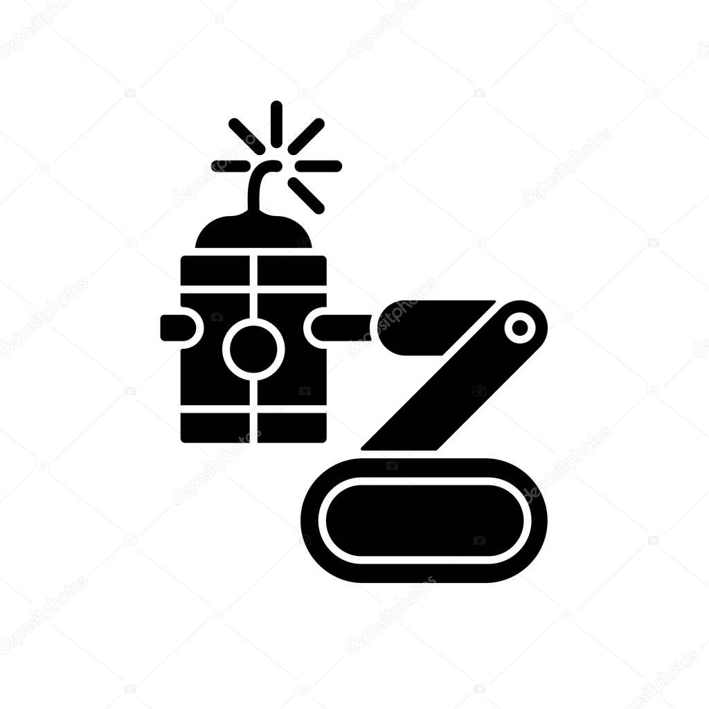Bomb defusing robots black glyph icon. Control from safe distance. Explosive ordnance remote disposal. Tactical robot. Bomb detection. Silhouette symbol on white space. Vector isolated illustration